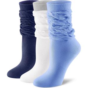 FITRELL Slouch Crew Socks for Women, Pre-sewn Slouch Look Soft Cotton Mid Calf Retro Cute Socks 3 Pairs (Can’t Straighten)(White Grey+navy+royal Blue)