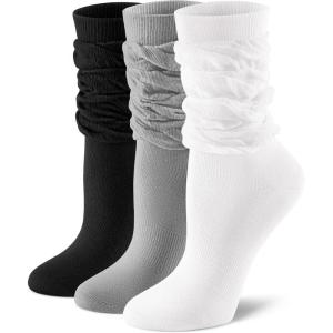 FITRELL Slouch Crew Socks for Women, Pre-sewn Slouch Look Soft Cotton Mid Calf Retro Cute Socks 3 Pairs (Can’t Straighten)(White+grey+black)
