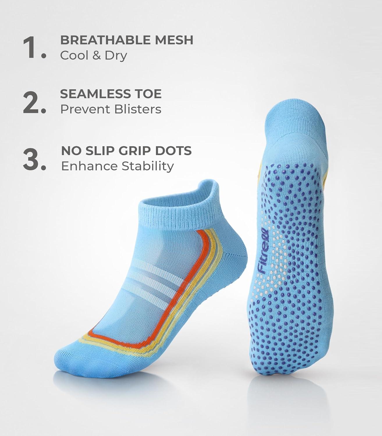 image:imageFITRELL Pilates Socks for Women Ankle Yoga Non Slip Grip Socks for Barre Hospital Gym 5 PairsPinkneon Blackbluepinkbeige