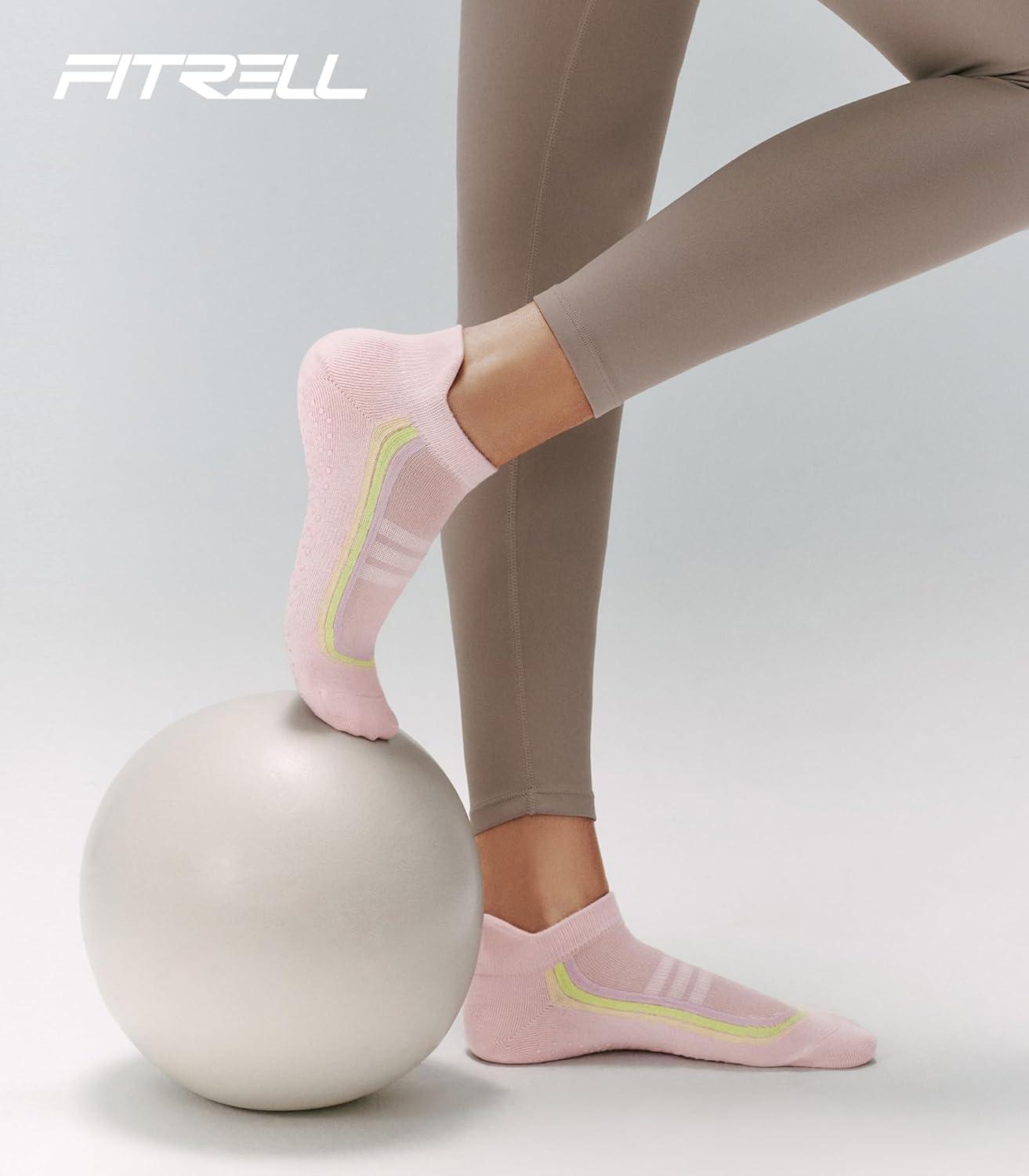 image:imageFITRELL Pilates Socks for Women Ankle Yoga Non Slip Grip Socks for Barre Hospital Gym 5 PairsPinkneon Blackbluepinkbeige