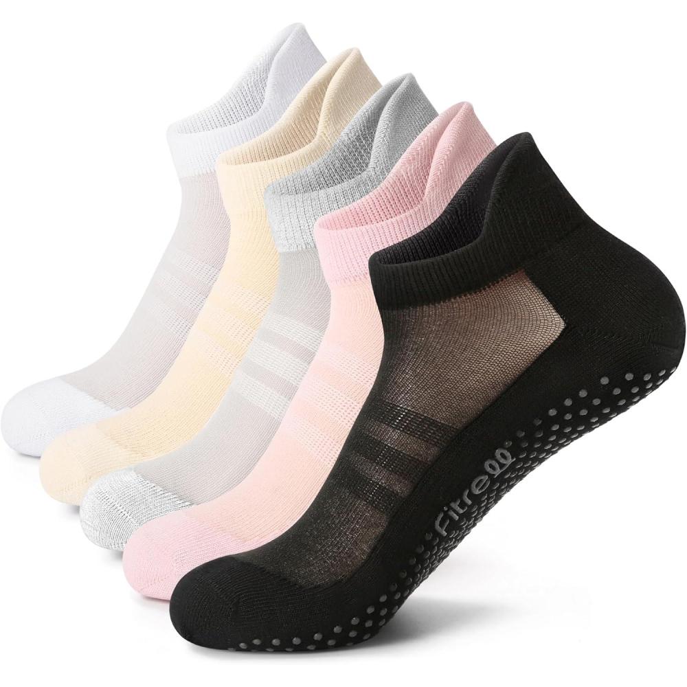 image:imageFITRELL Pilates Socks for Women Ankle Yoga Non Slip Grip Socks for Barre Hospital Gym 5 PairsBlackbeigegreypinkwhite