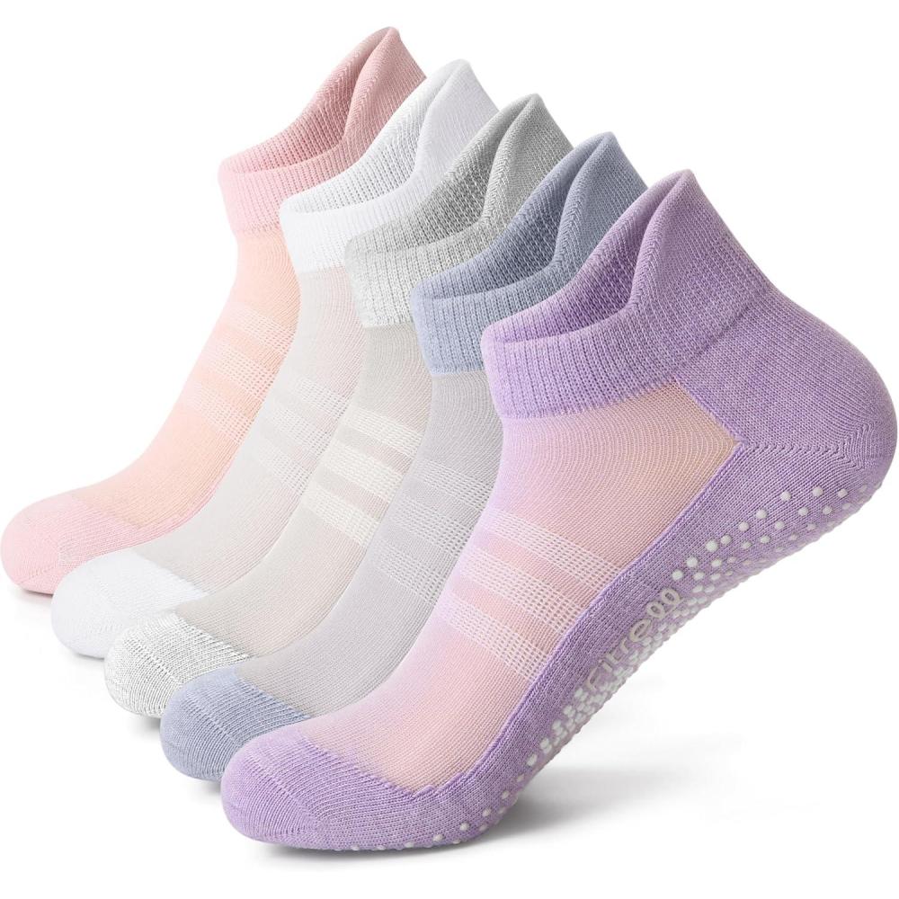 image:imageFITRELL Pilates Socks for Women Ankle Yoga Non Slip Grip Socks for Barre Hospital Gym 5 PairsBluegreypinkwhitepurple