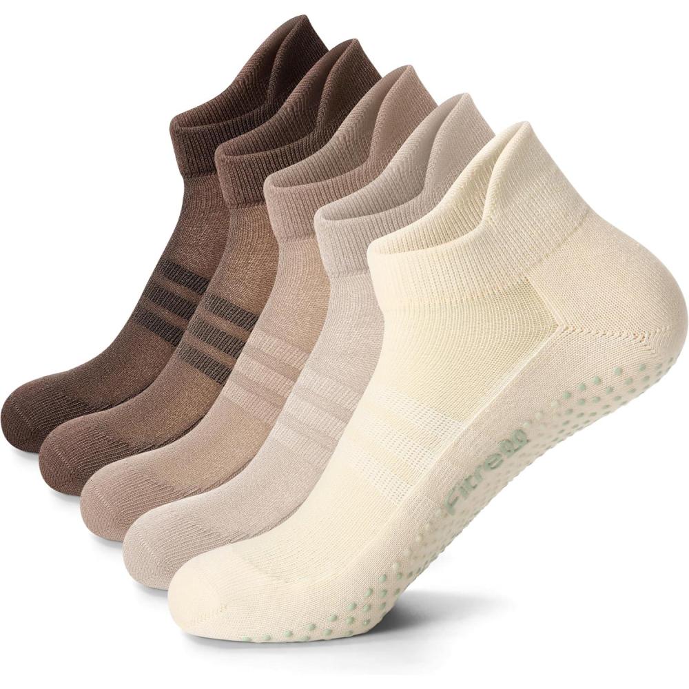 image:imageFITRELL Pilates Socks for Women Ankle Yoga Non Slip Grip Socks for Barre Hospital Gym 5 PairsDark Brownbrownlight Brownkhakibeige