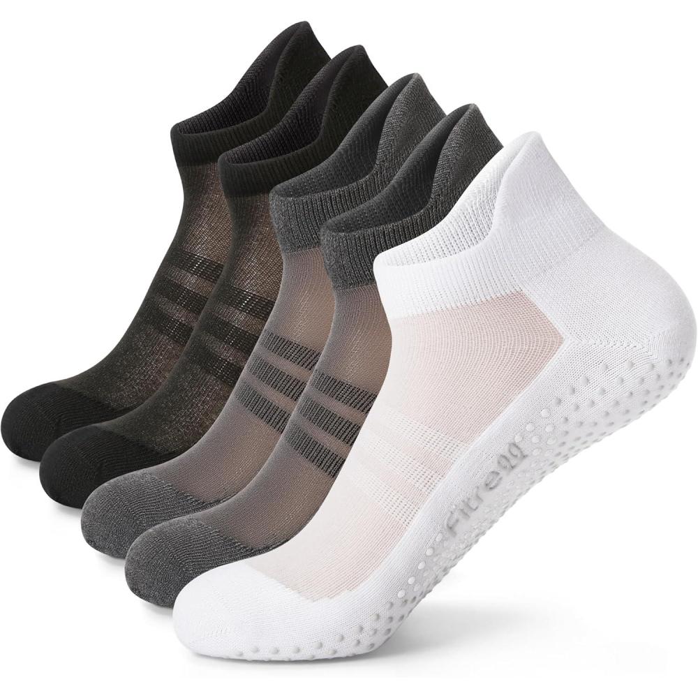image:imageFITRELL Pilates Socks for Women Ankle Yoga Non Slip Grip Socks for Barre Hospital Gym 5 PairsGrey2black2white