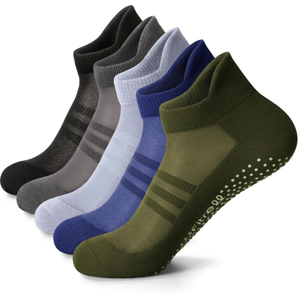 image:imageFITRELL Pilates Socks for Women Ankle Yoga Non Slip Grip Socks for Barre Hospital Gym 5 PairsNavy Bluegreygreenblueblack