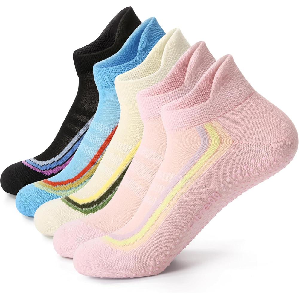 image:imageFITRELL Pilates Socks for Women Ankle Yoga Non Slip Grip Socks for Barre Hospital Gym 5 PairsPinkneon Blackbluepinkbeige