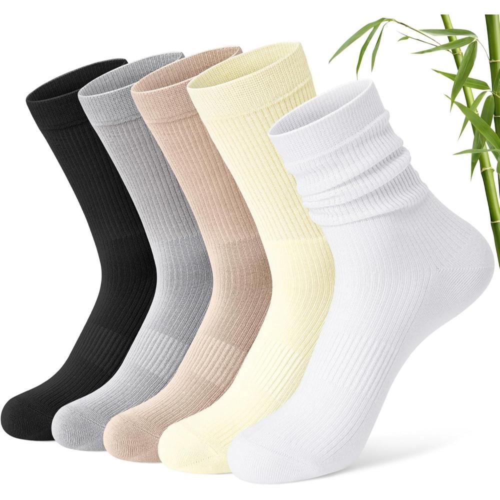 image:imageFITRELL Womens Soft Bamboo Rayon Dress Socks Thin Non Binding Breathable Calf Crew Scrunch Socks for Casual Trouser 5 PairsBlackGreyKhakiCreamWhite