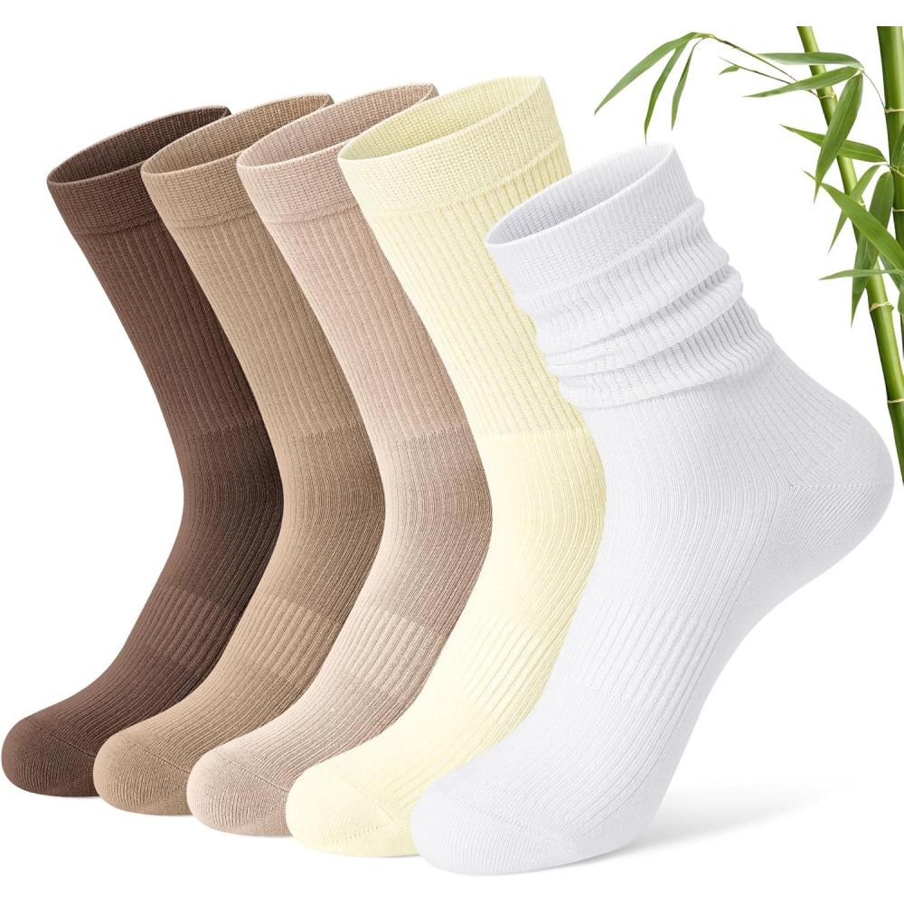 image:imageFITRELL Womens Soft Bamboo Rayon Dress Socks Thin Non Binding Breathable Calf Crew Scrunch Socks for Casual Trouser 5 PairsBrownDark BrownKhakiCreamWhite