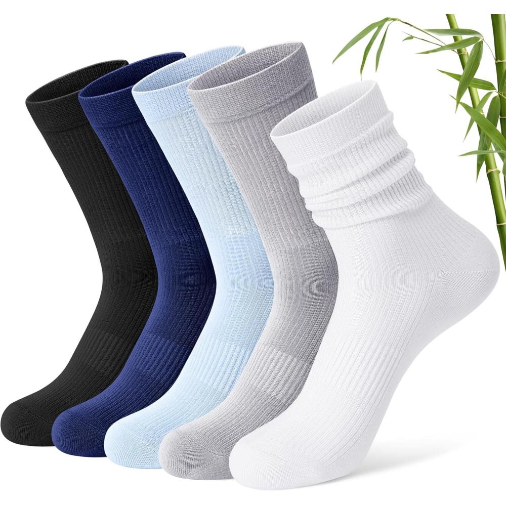image:imageFITRELL Womens Soft Bamboo Rayon Dress Socks Thin Non Binding Breathable Calf Crew Scrunch Socks for Casual Trouser 5 PairsDark BlueBlackLight BlueGreyWhite