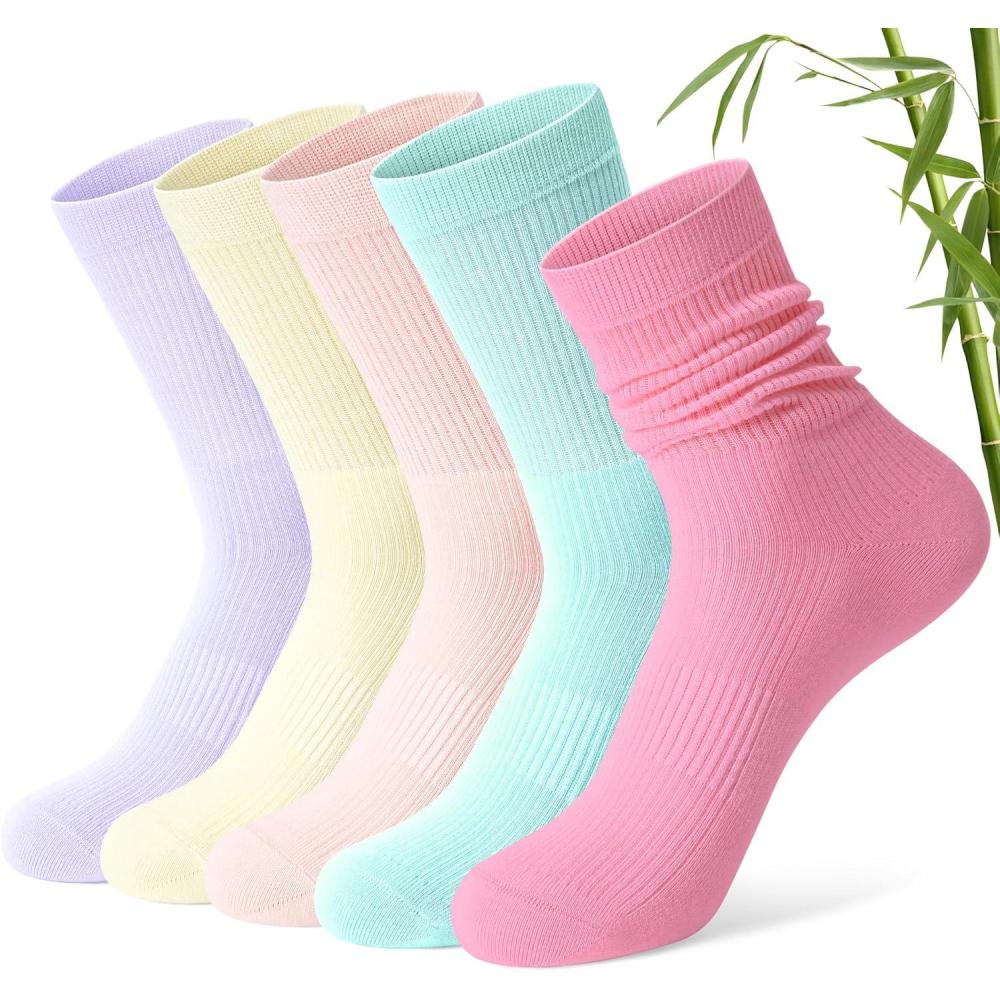 image:imageFITRELL Womens Soft Bamboo Rayon Dress Socks Thin Non Binding Breathable Calf Crew Scrunch Socks for Casual Trouser 5 PairsYellowMint GreenLight PinkPurplePink
