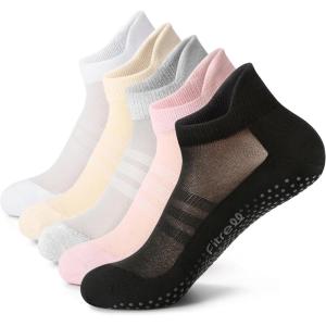 FITRELL Pilates Socks for Women, Ankle Yoga Non Slip Grip Socks for Barre Hospital Gym 5 Pairs(Black+beige+grey+pink+white)