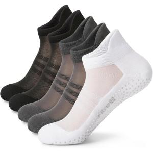 FITRELL Pilates Socks for Women, Ankle Yoga Non Slip Grip Socks for Barre Hospital Gym 5 Pairs(Grey*2+black*2+white)