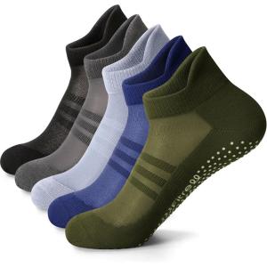 FITRELL Pilates Socks for Women, Ankle Yoga Non Slip Grip Socks for Barre Hospital Gym 5 Pairs(Navy Blue+grey+green+blue+black)