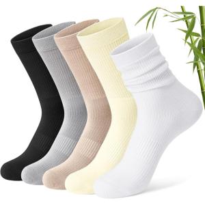 FITRELL Women’s Soft Bamboo Rayon Dress Socks, Thin Non Binding Breathable Calf Crew Scrunch Socks for Casual Trouser 5 Pairs(Black/Grey/Khaki/Cream/White)