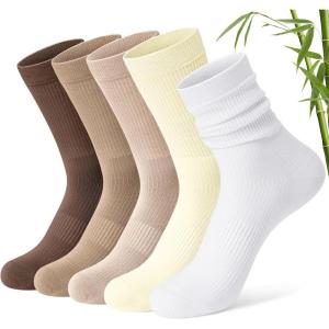 FITRELL Women’s Soft Bamboo Rayon Dress Socks, Thin Non Binding Breathable Calf Crew Scrunch Socks for Casual Trouser 5 Pairs(Brown/Dark Brown/Khaki/Cream/White)