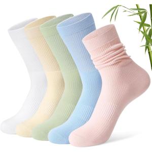 FITRELL Women’s Soft Bamboo Rayon Dress Socks, Thin Non Binding Breathable Calf Crew Scrunch Socks for Casual Trouser 5 Pairs(White/Cream/Green/Light Blue/Light Pink)