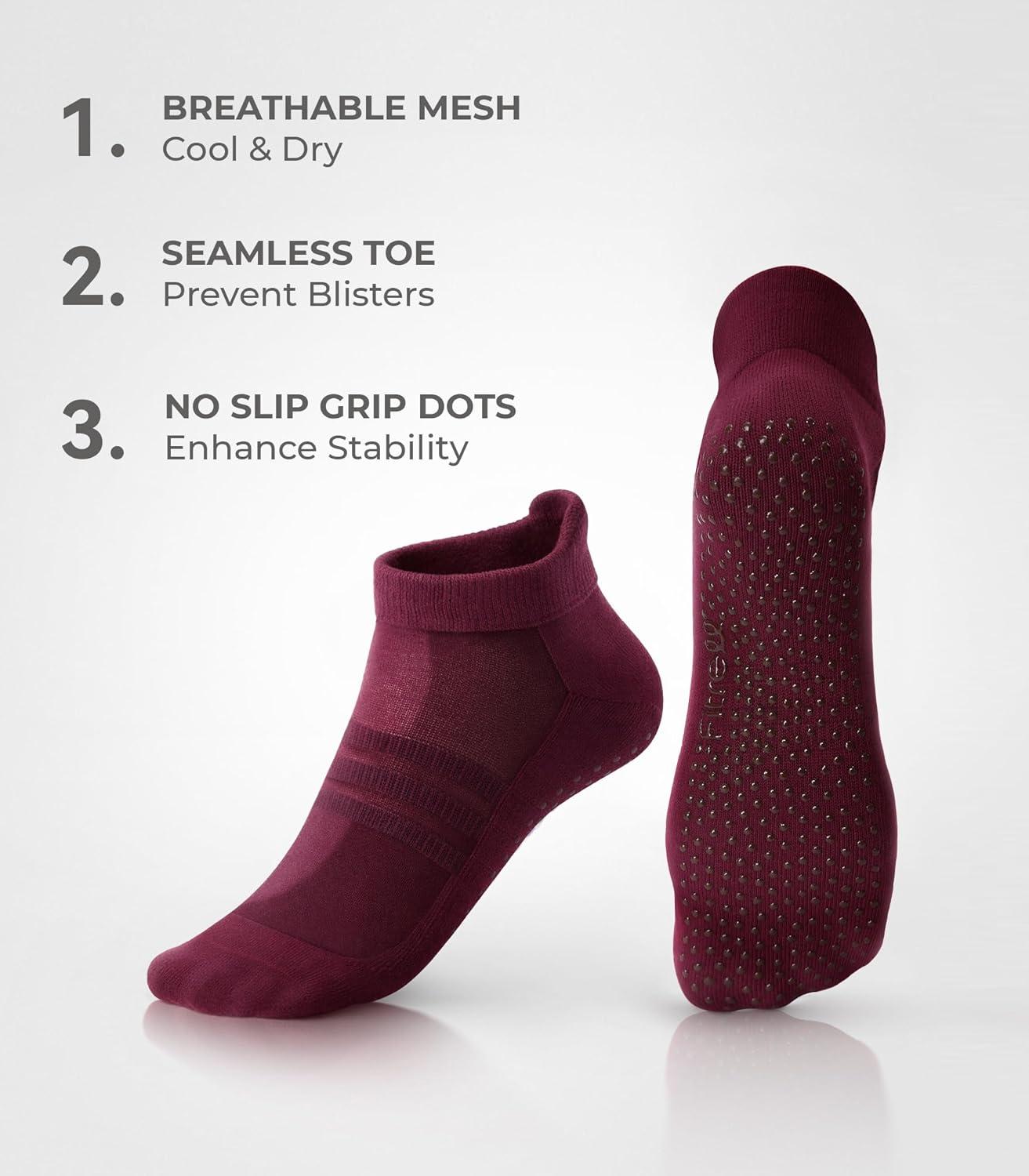image:imageFITRELL Pilates Socks for Women Ankle Yoga Non Slip Grip Socks for Barre Hospital Gym 5 PairsWine Redhot Pinkpurplebrownrose Red