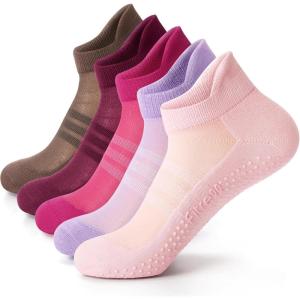 FITRELL Pilates Socks for Women, Ankle Yoga Non Slip Grip Socks for Barre Hospital Gym 5 Pairs(Wine Red+hot Pink+purple+brown+rose Red)
